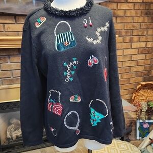 Merry & Bright Petites Christmas Theme Sweater Black With Embellishments 3D